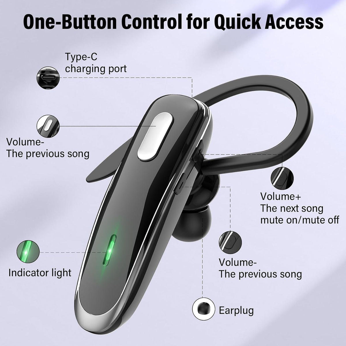 Wireless V5 Bluetooth Earpiece with Built-In Dual ENC Microphone & 10 HR Battery Life