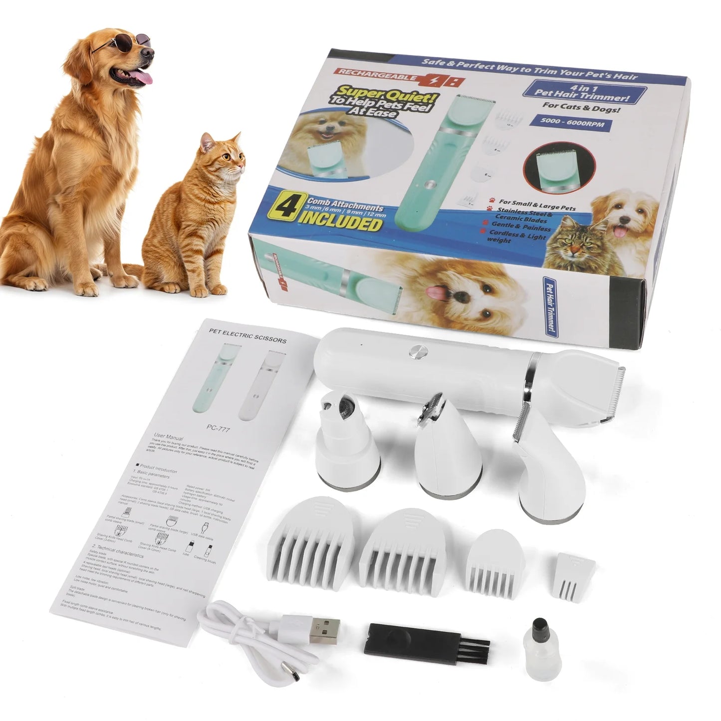 Dog Grooming Kit With Interchangeable Heads & 4 Comb Guides