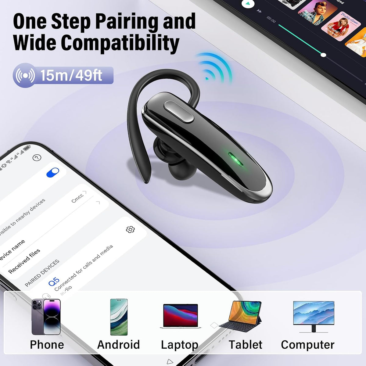 Wireless V5 Bluetooth Earpiece with Built-In Dual ENC Microphone & 10 HR Battery Life