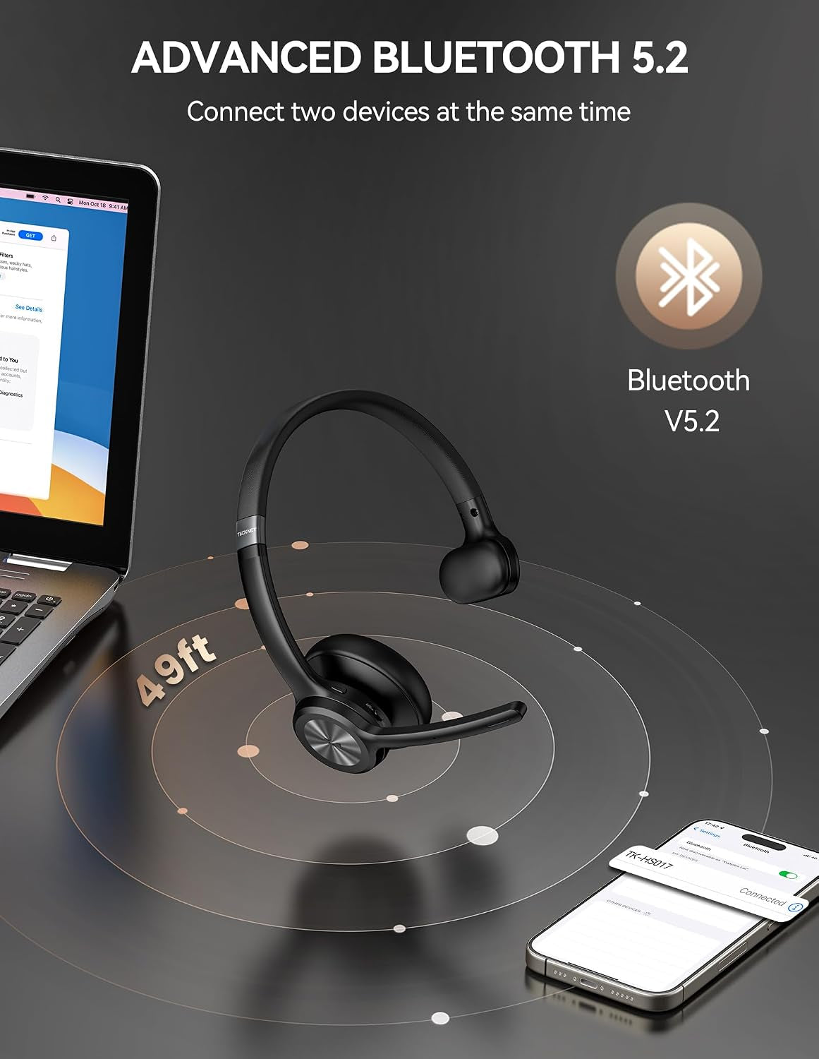 One-Ear Bluetooth V5.2 Headset With AI Noise Cancelling Technology