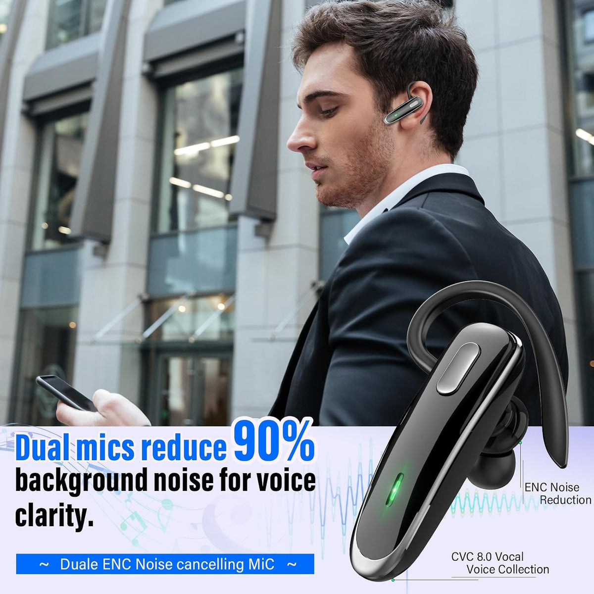 Wireless V5 Bluetooth Earpiece with Built-In Dual ENC Microphone & 10 HR Battery Life