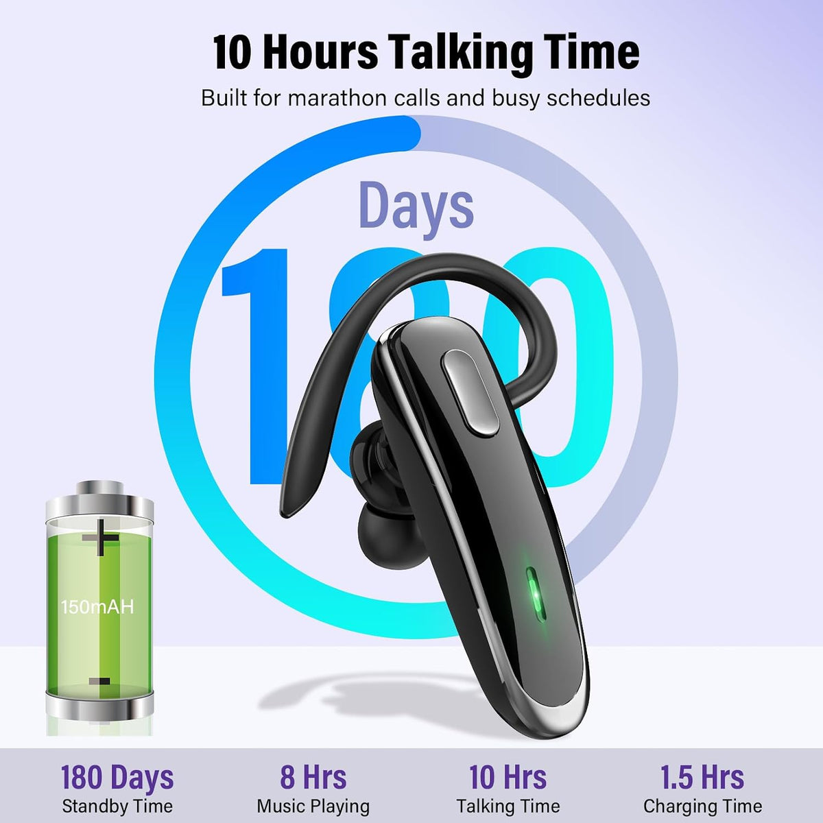 Wireless V5 Bluetooth Earpiece with Built-In Dual ENC Microphone & 10 HR Battery Life