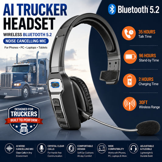 Wireless Bluetooth Trucker Headset With Noise Cancelling Technology & Microphone