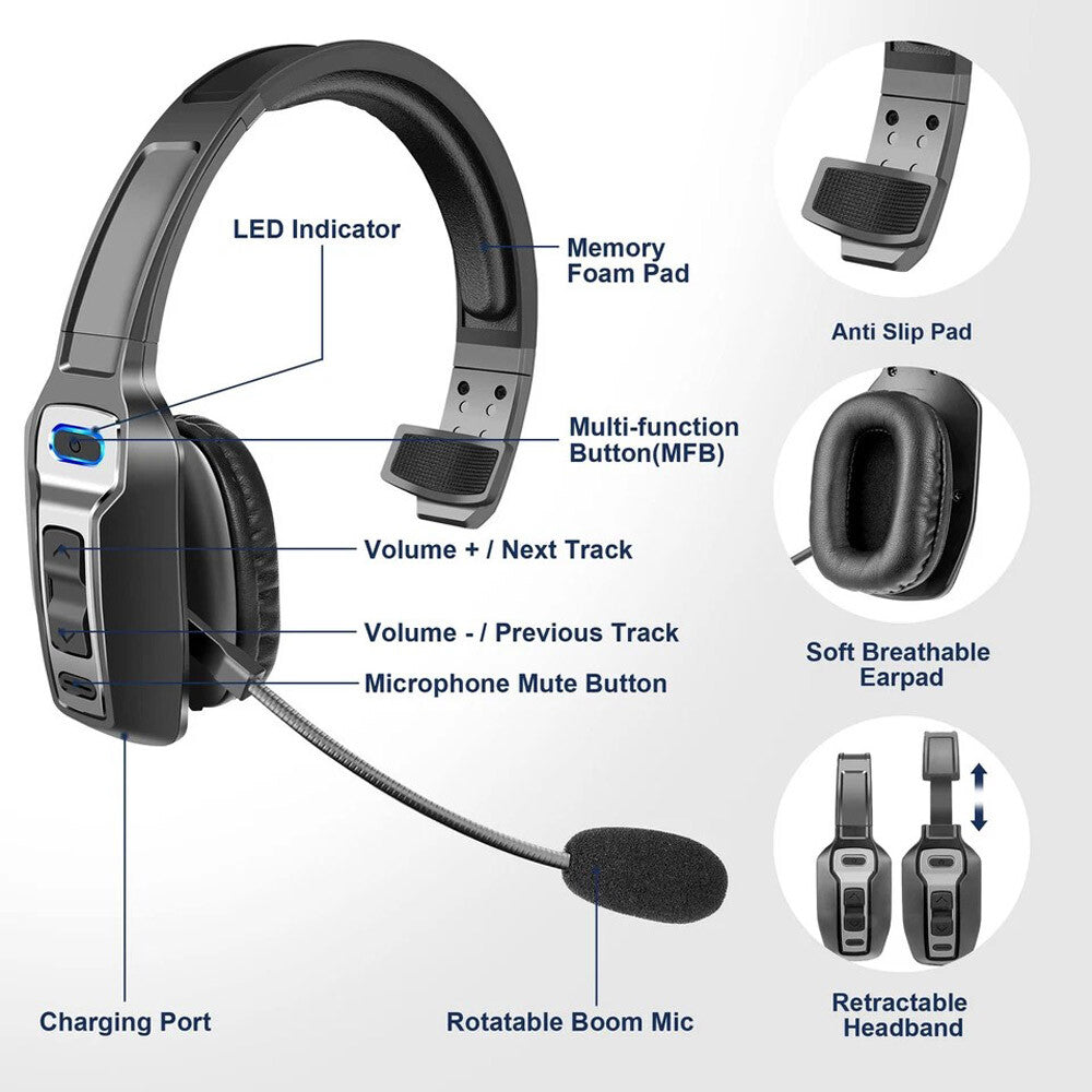 Wireless Bluetooth Trucker Headset With Noise Cancelling Technology & Microphone