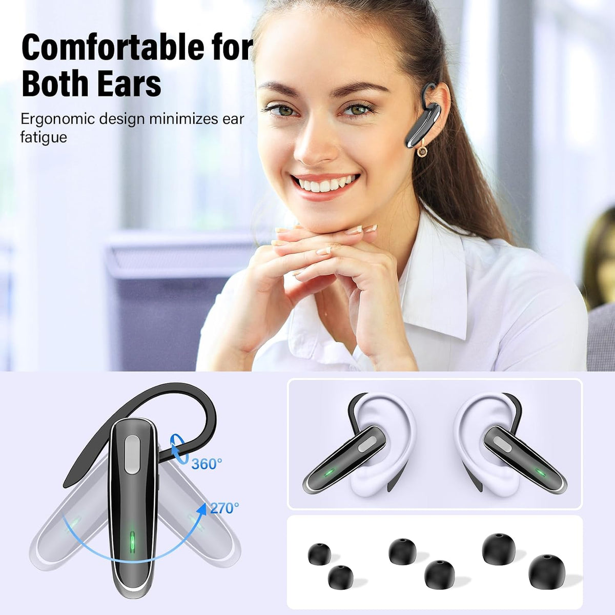Wireless V5 Bluetooth Earpiece with Built-In Dual ENC Microphone & 10 HR Battery Life
