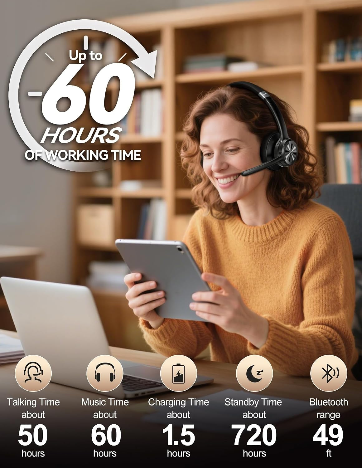 One-Ear Bluetooth V5.2 Headset With AI Noise Cancelling Technology